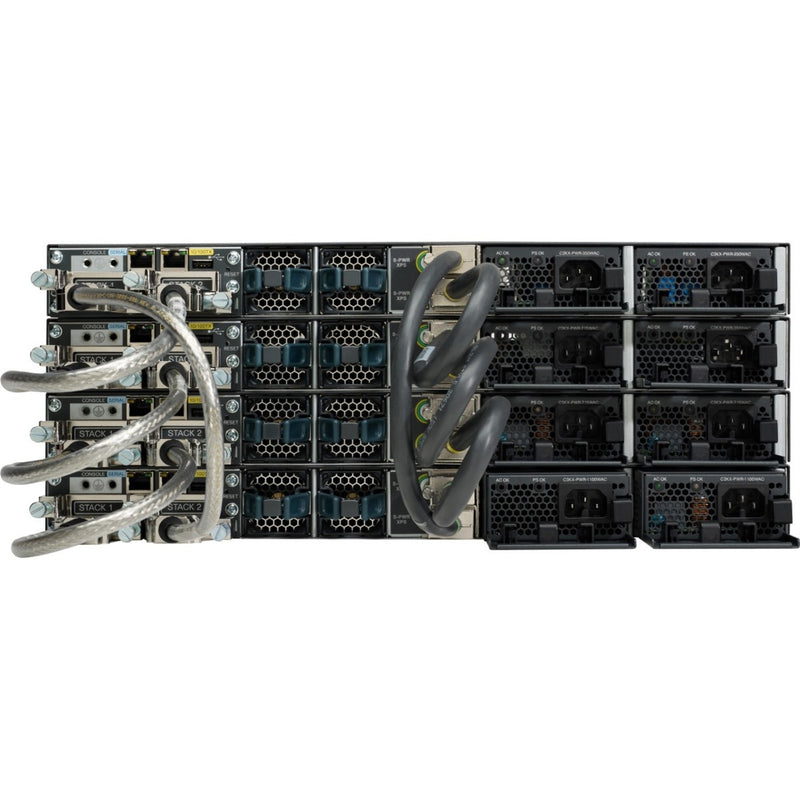 Rear view of Cisco Catalyst 3750-X switches showing power supplies, cooling systems, and stacking connections