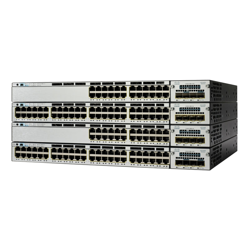 Angled view of Cisco Catalyst 3750X-48T-E switch stack highlighting port arrangement and labeling