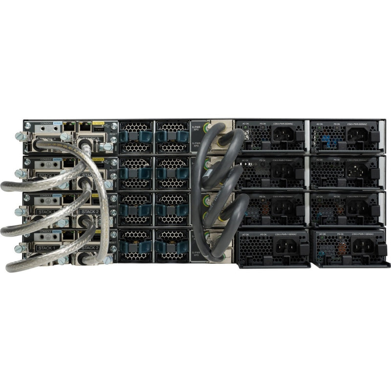 Rear view of Cisco Catalyst 3750X-48T-E switch stack showing power supplies, fans, and stacking connections