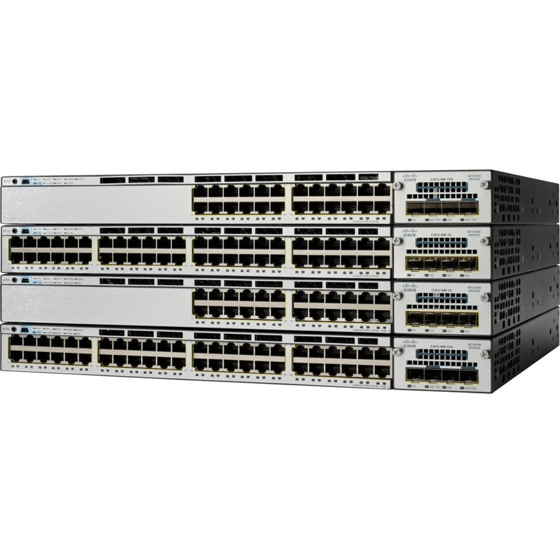 Front view of four stacked Cisco Catalyst 3750X-48T-E switches showing 48 Gigabit Ethernet ports and management interfaces