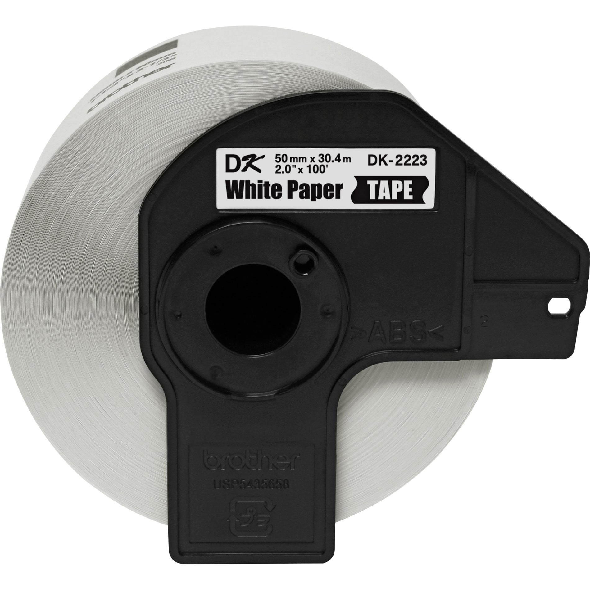 Close-up view of Brother DK2223 white paper label roll showing spool design and product specifications-alternate-image2