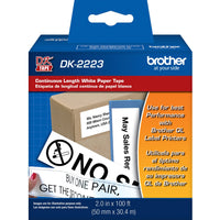 Brother DK2223 continuous length paper label tape product packaging showing example labels and compatibility information-alternate-image1