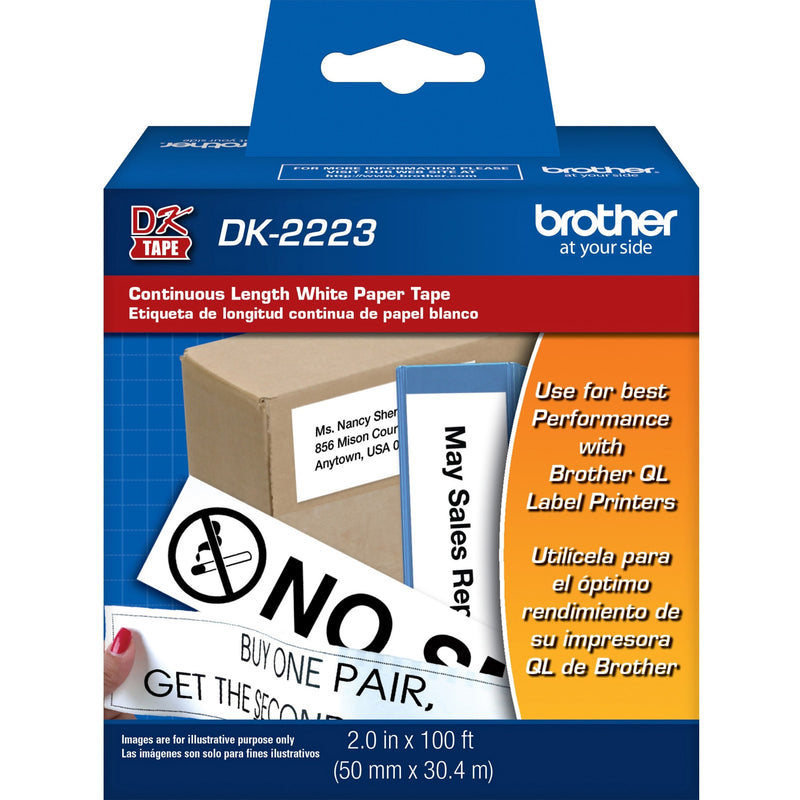 Brother DK2223 continuous length paper label tape product packaging showing example labels and compatibility information