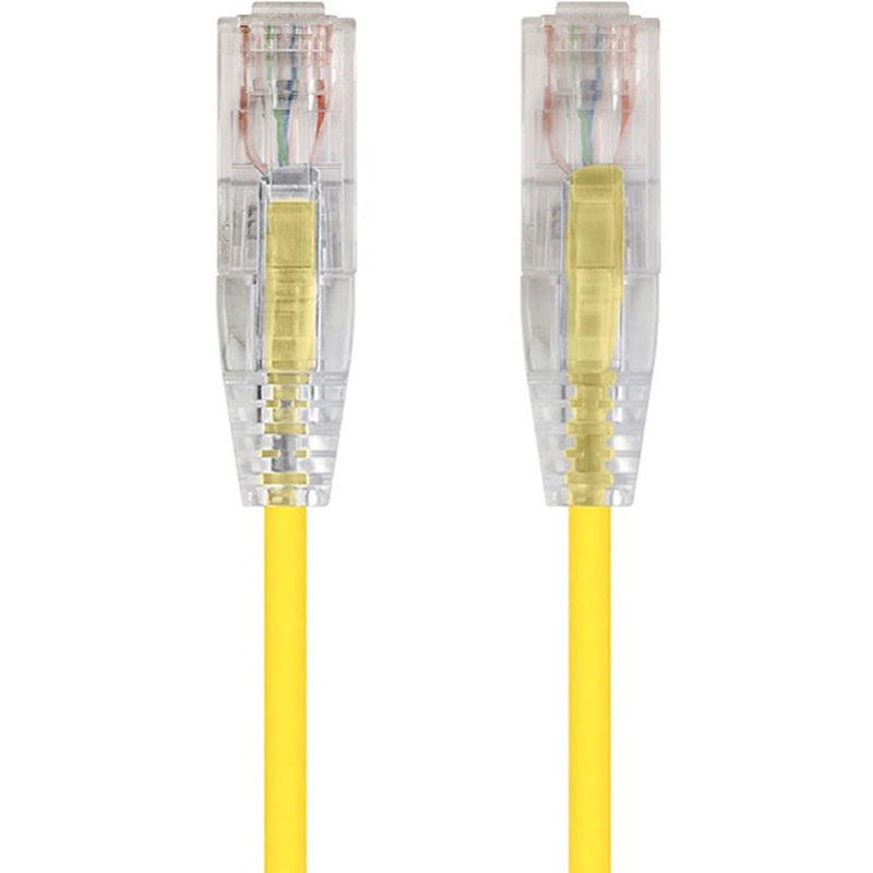 Close-up view of SlimRun CAT6 cable's transparent RJ-45 connectors with yellow cable jacket and snagless boot design