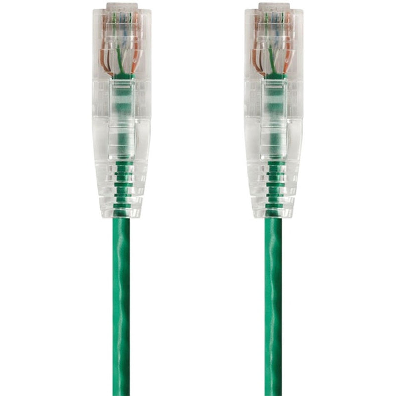 Close-up view of SlimRun CAT6 ethernet cable connectors showing transparent boots and green cable jacket