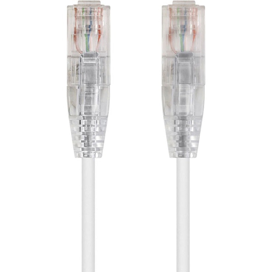 Close-up view of transparent RJ45 connectors on white SlimRun Cat6 ethernet cable showing internal wiring configuration-alternate-image1