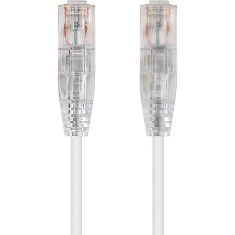 Close-up view of transparent RJ45 connectors on white SlimRun Cat6 ethernet cable showing internal wiring configuration