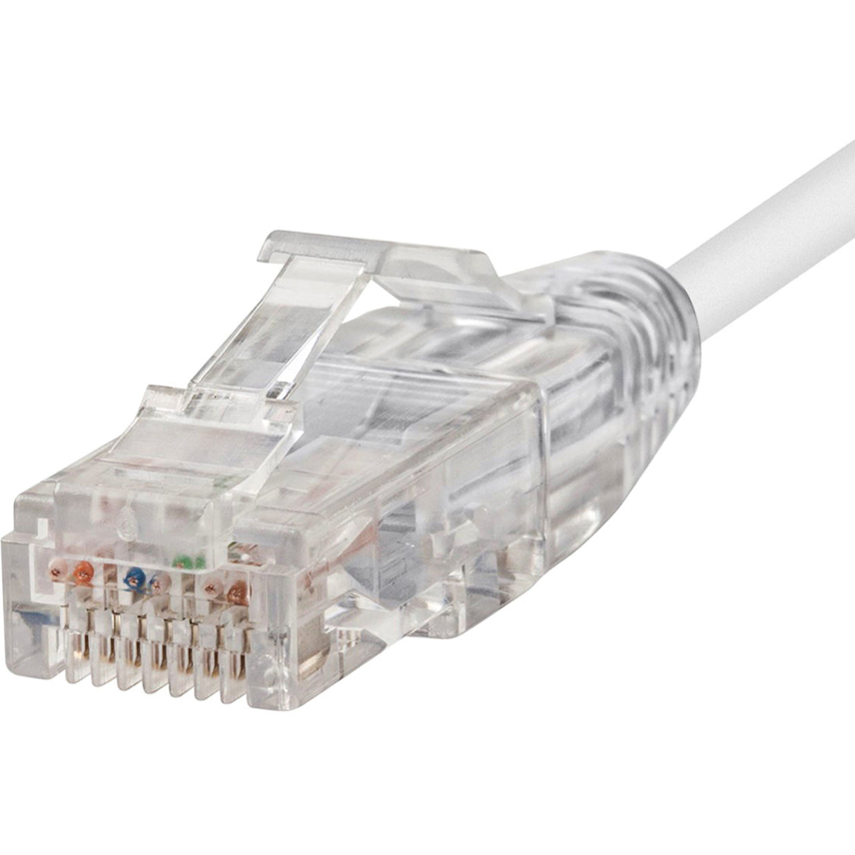 Detailed macro shot of SlimRun Cat6 RJ45 connector showing internal contact pins and strain relief design-alternate-image2