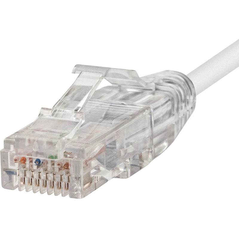 Detailed macro shot of SlimRun Cat6 RJ45 connector showing internal contact pins and strain relief design