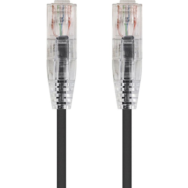 Close-up view of transparent RJ-45 connectors on SlimRun CAT6 ethernet cable showing internal wiring configuration