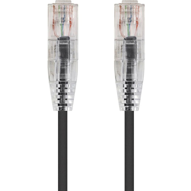 Close-up view of transparent RJ-45 connectors on SlimRun CAT6 cable showing internal wiring and snagless boot design