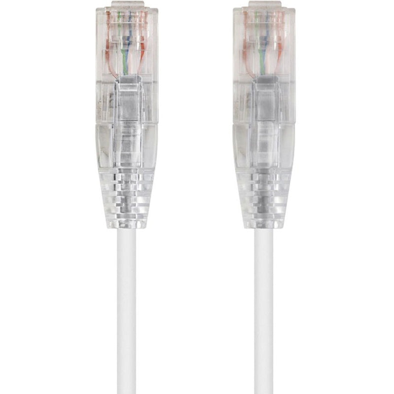 Close-up view of transparent RJ-45 connectors on white SlimRun Cat6 ethernet cable showing internal wiring configuration