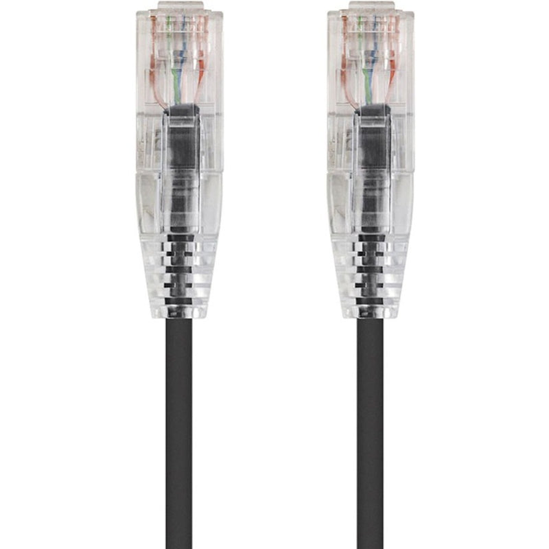 Close-up view of transparent RJ-45 connectors on SlimRun CAT6 ethernet cable showing internal wiring and slim black cable