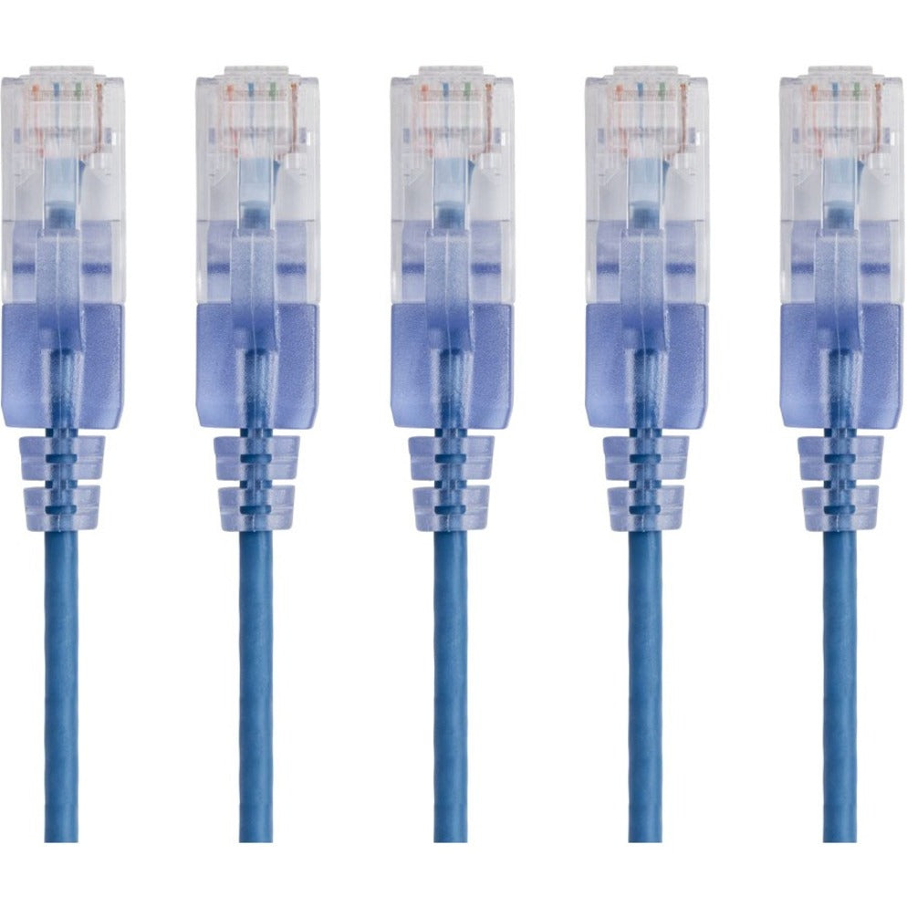 Five blue SlimRun Cat6A ethernet patch cables with transparent RJ-45 connectors arranged in parallel-alternate-image1