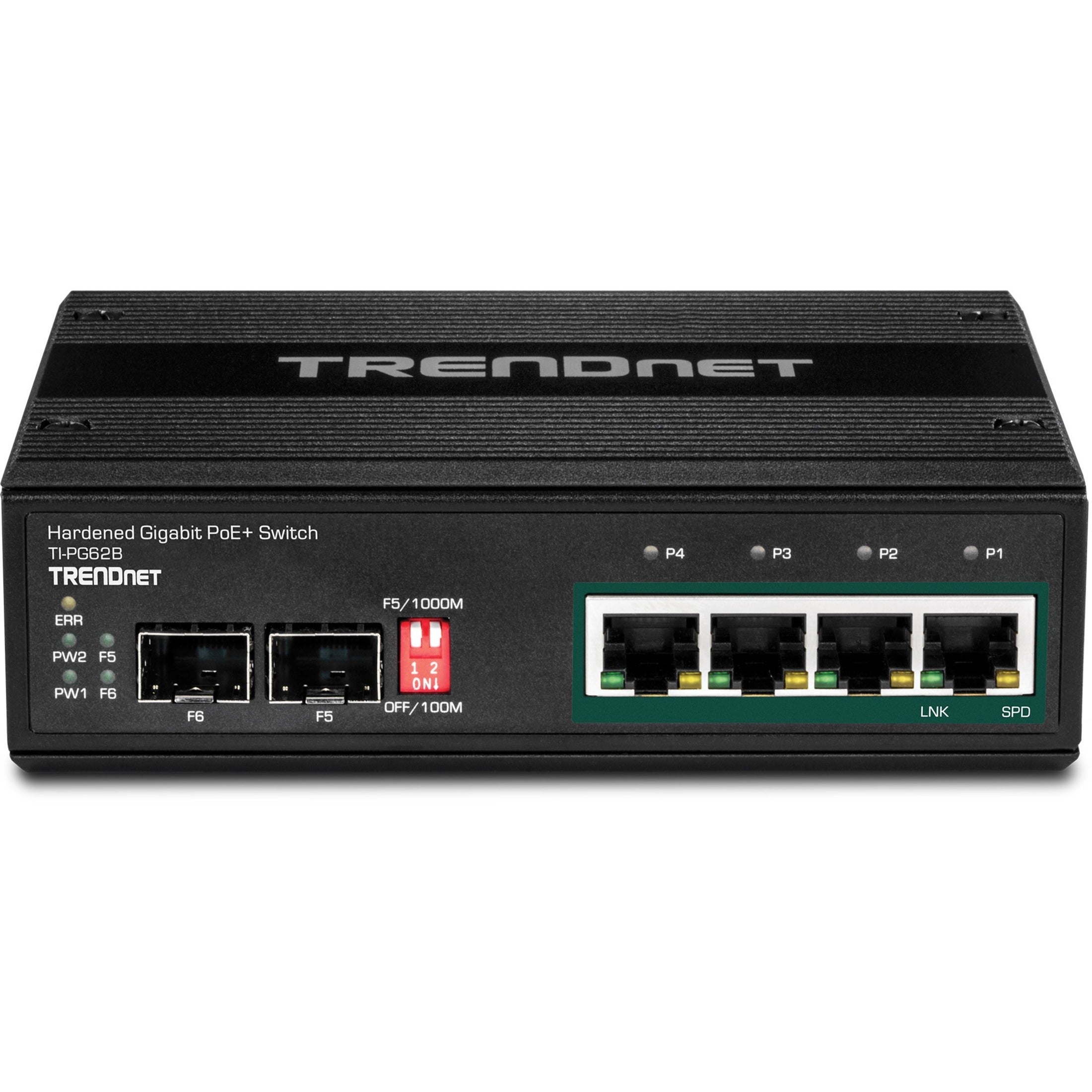 TRENDnet 6-Port Industrieller Gigabit PoE+ DIN-Schienen-Switch 12-56V. Duale redundante 12-56 VDC Stromeingänge mit Überlastschutz.