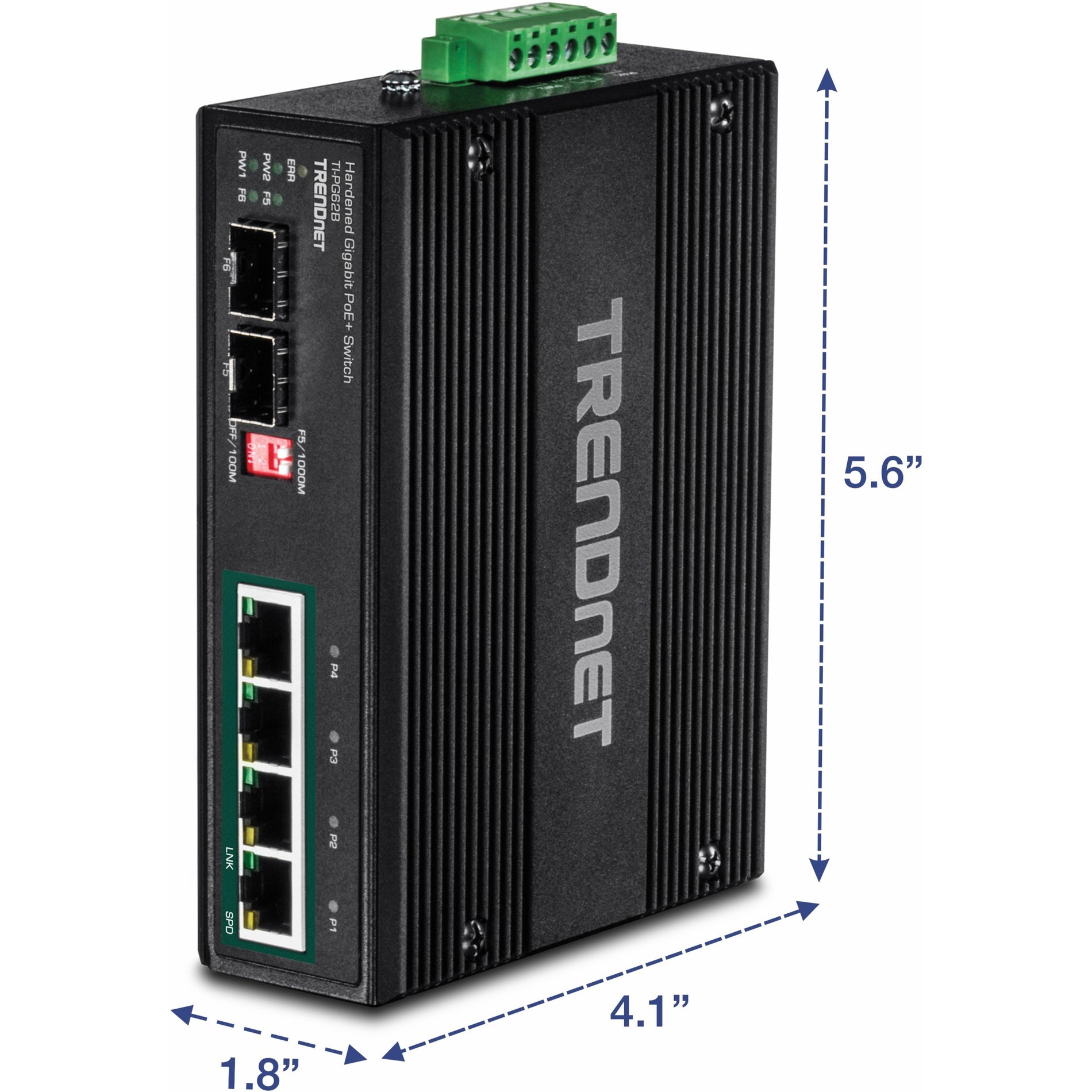 อุปกรณ์สวิตช์อุตสาหกรรม 6-พอร์ต กิกะบิต PoE+ แบบติดราง DIN 12-56V. แหล่งจ่ายไฟคู่สำรอง 12-56 VDC พร้อมการป้องกันกระแสเกิน (TI-PG62B)