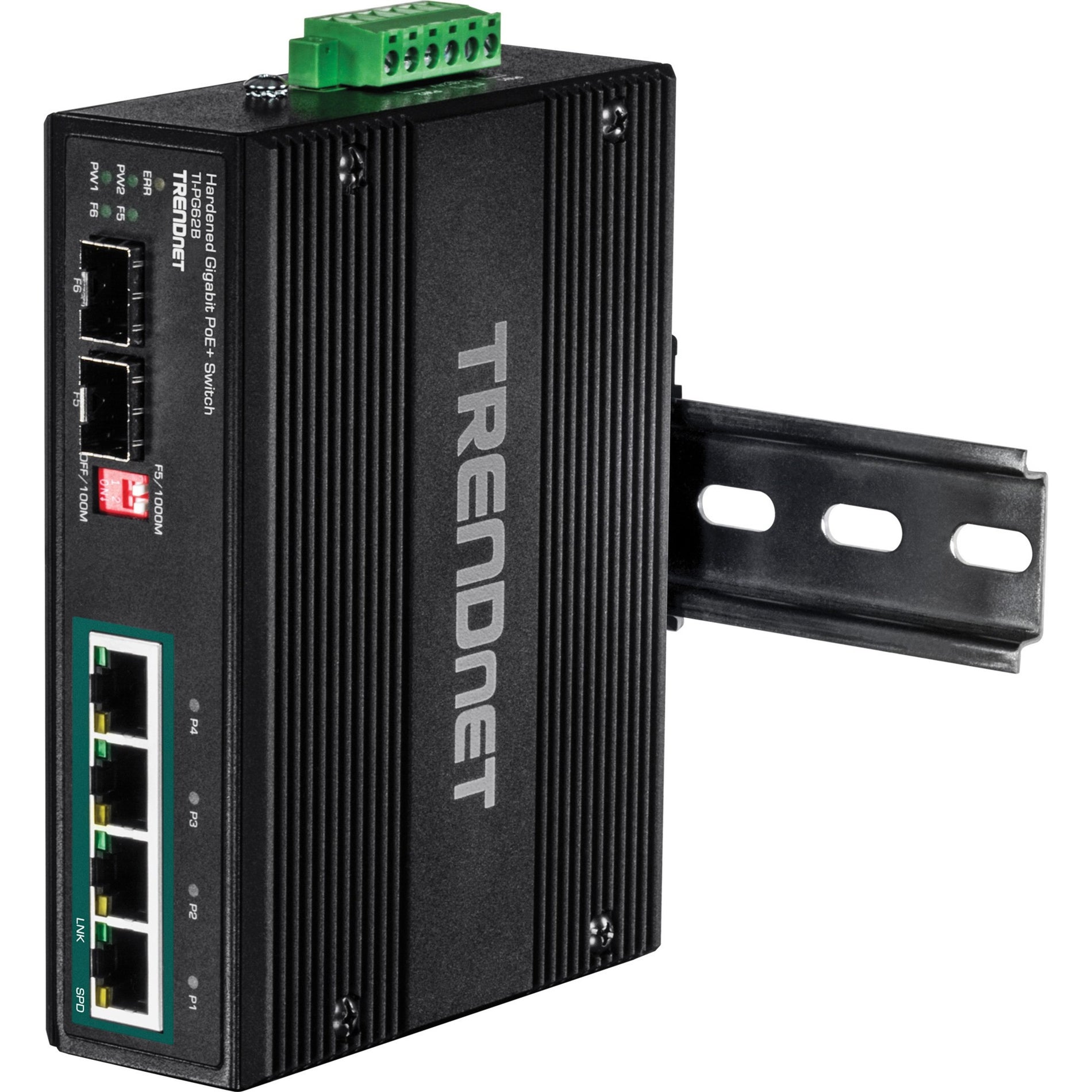 TRENDnet 6-Port Industrieller Gigabit PoE+ DIN-Schienen-Switch 12-56V. Duale redundante 12-56 VDC Stromeingänge mit Überlastschutz.