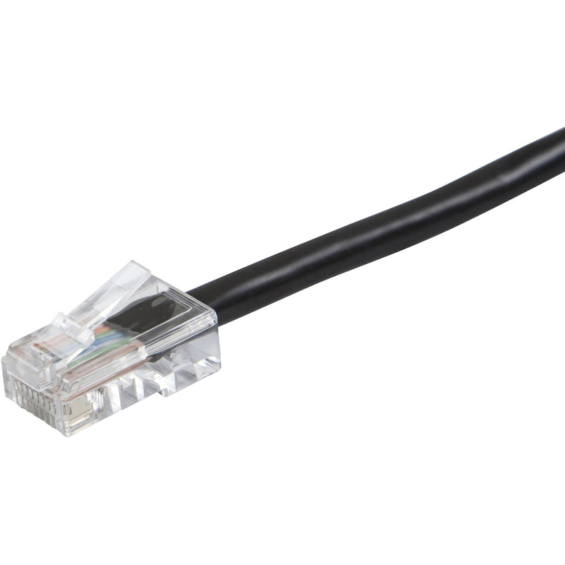 Detailed side view of ZEROboot Cat6 cable connector showing transparent housing and black cable construction