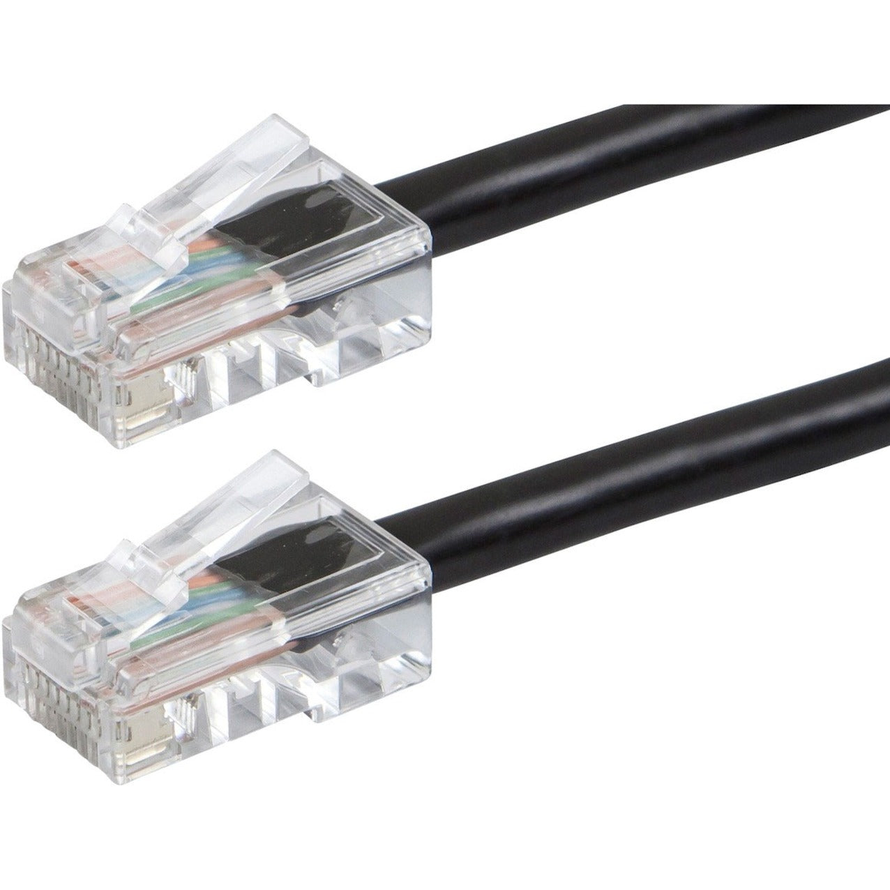 Close-up view of ZEROboot Cat6 cable's transparent RJ-45 connectors showing internal wiring and black cable jacket-alternate-image1