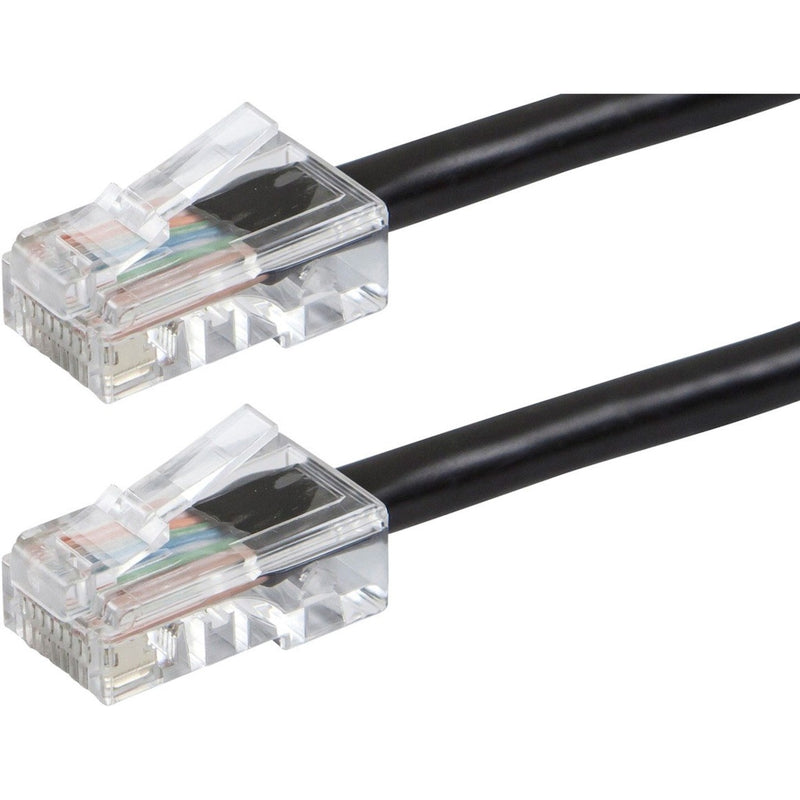 Close-up view of ZEROboot Cat6 cable's transparent RJ-45 connectors showing internal wiring and black cable jacket