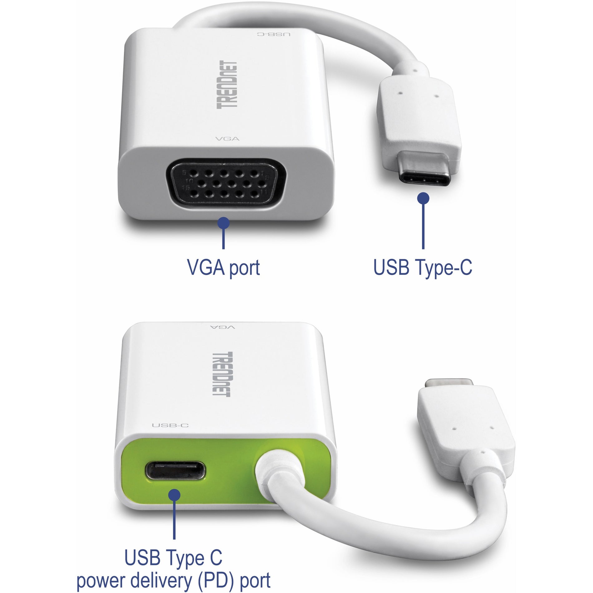 Detailed view of TRENDnet adapter showing VGA port and USB-C PD port with labels-alternate-image2