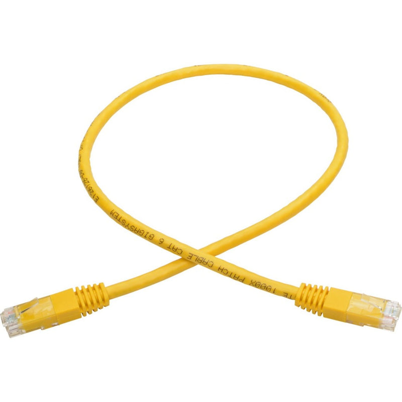 Full length view of yellow Cat6 patch cable showing flexibility and strain relief boots