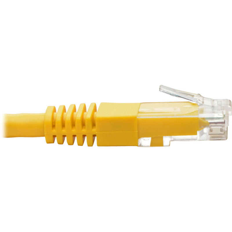 Side profile of yellow RJ45 connector showing strain relief boot design