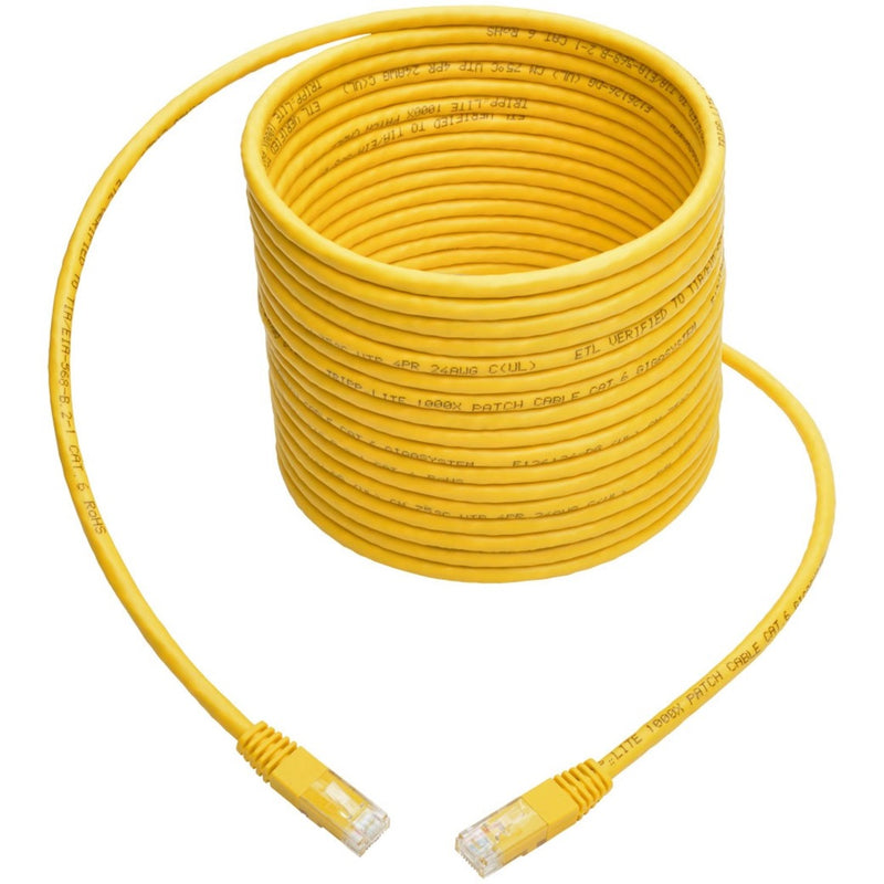 Yellow Cat6 network cable coiled showing 25-foot length and consistent jacket quality