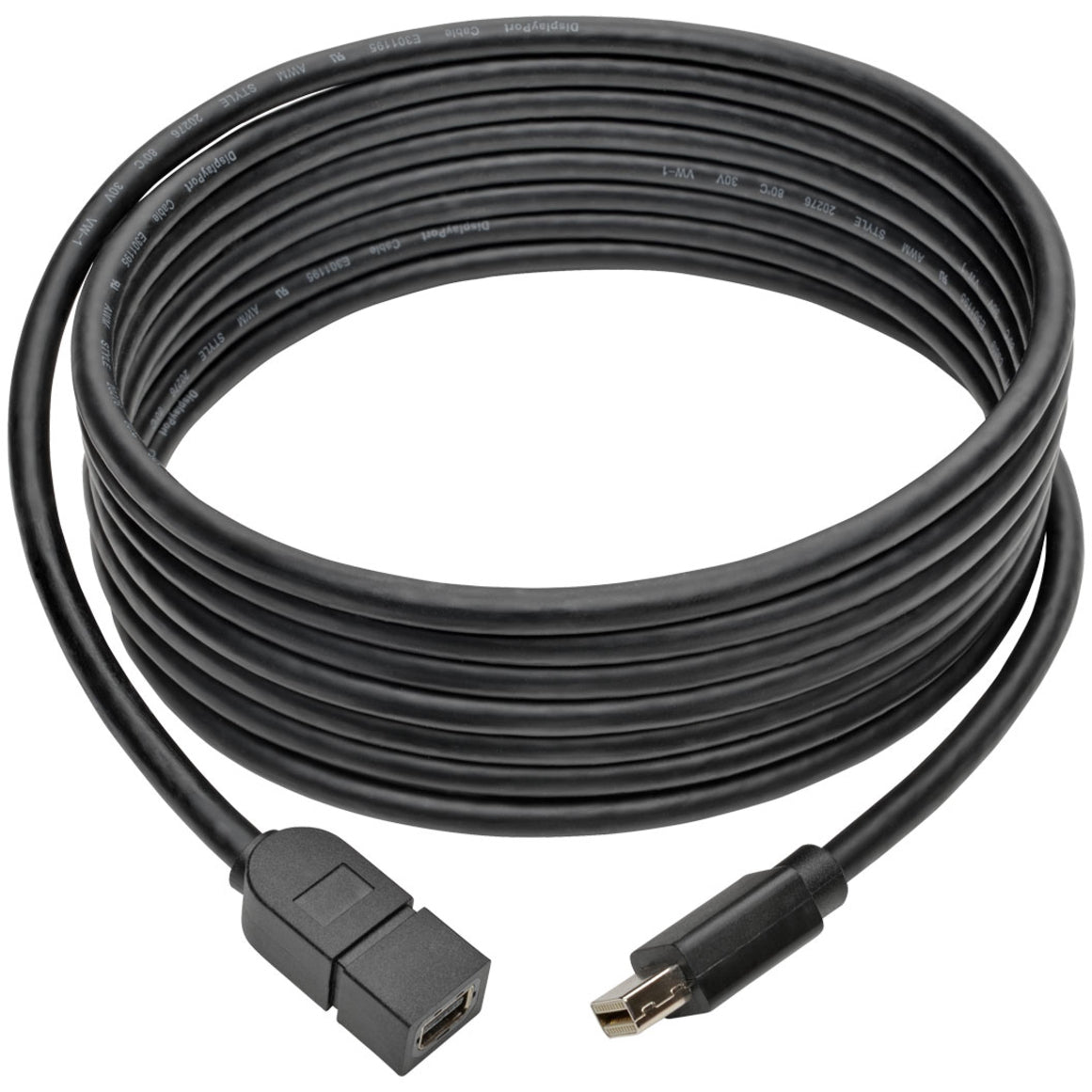 Full length view of coiled Mini DisplayPort extension cable showing flexible black cable design-alternate-image2