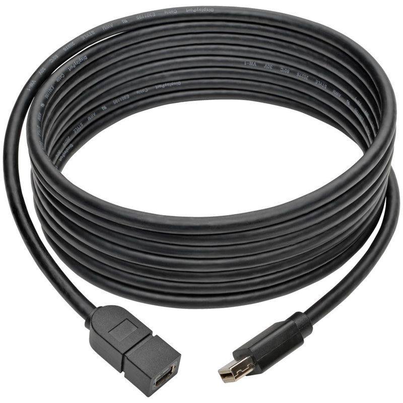 Full length view of coiled Mini DisplayPort extension cable showing flexible black cable design