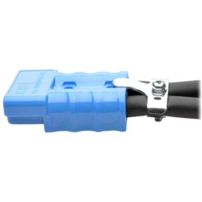 Close-up view of blue 175A DC connector with metal retention clip on Tripp Lite BPEXT481 cable-alternate-image2