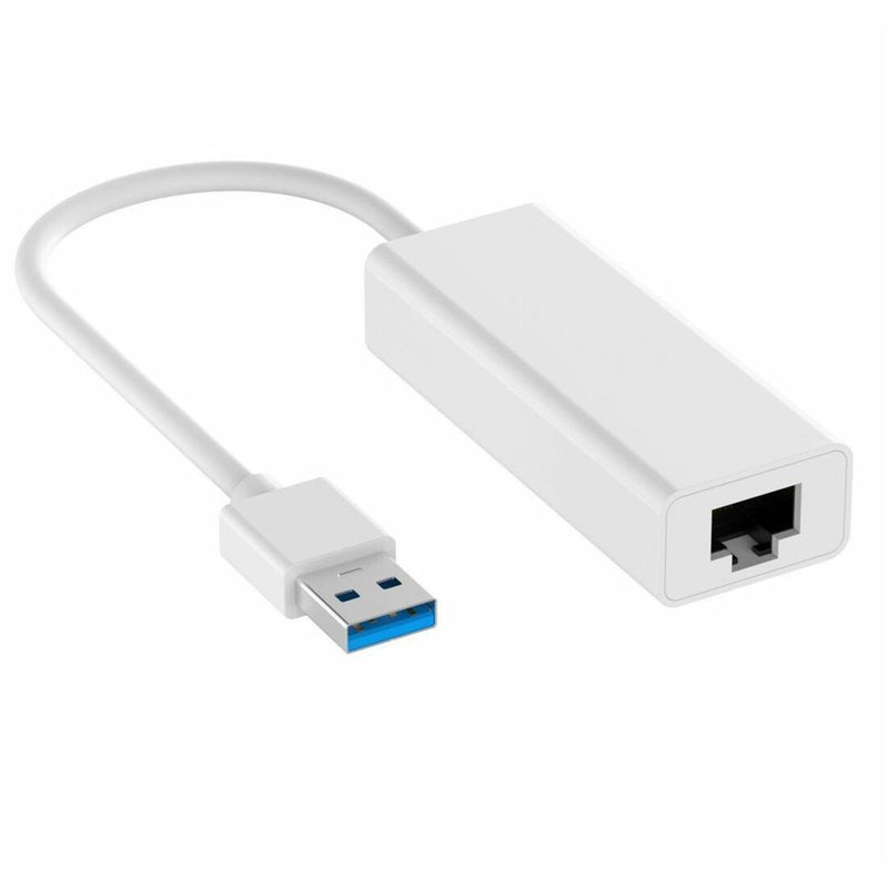 White USB 3.0 to RJ45 Gigabit Ethernet adapter with curved cable design showing blue USB connector and RJ45 port