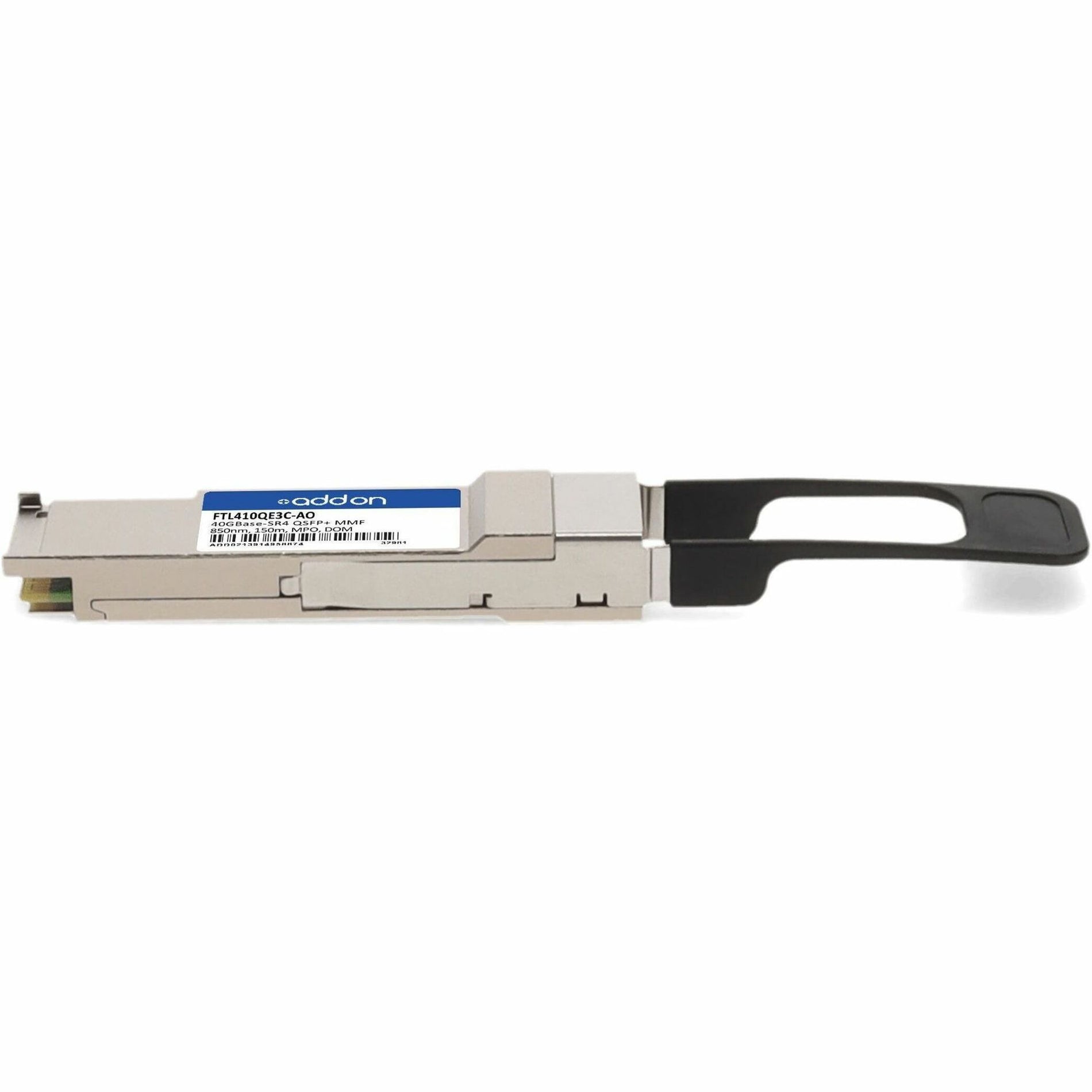 Profile view of AddOn QSFP+ transceiver highlighting build quality and MPO interface-alternate-image2