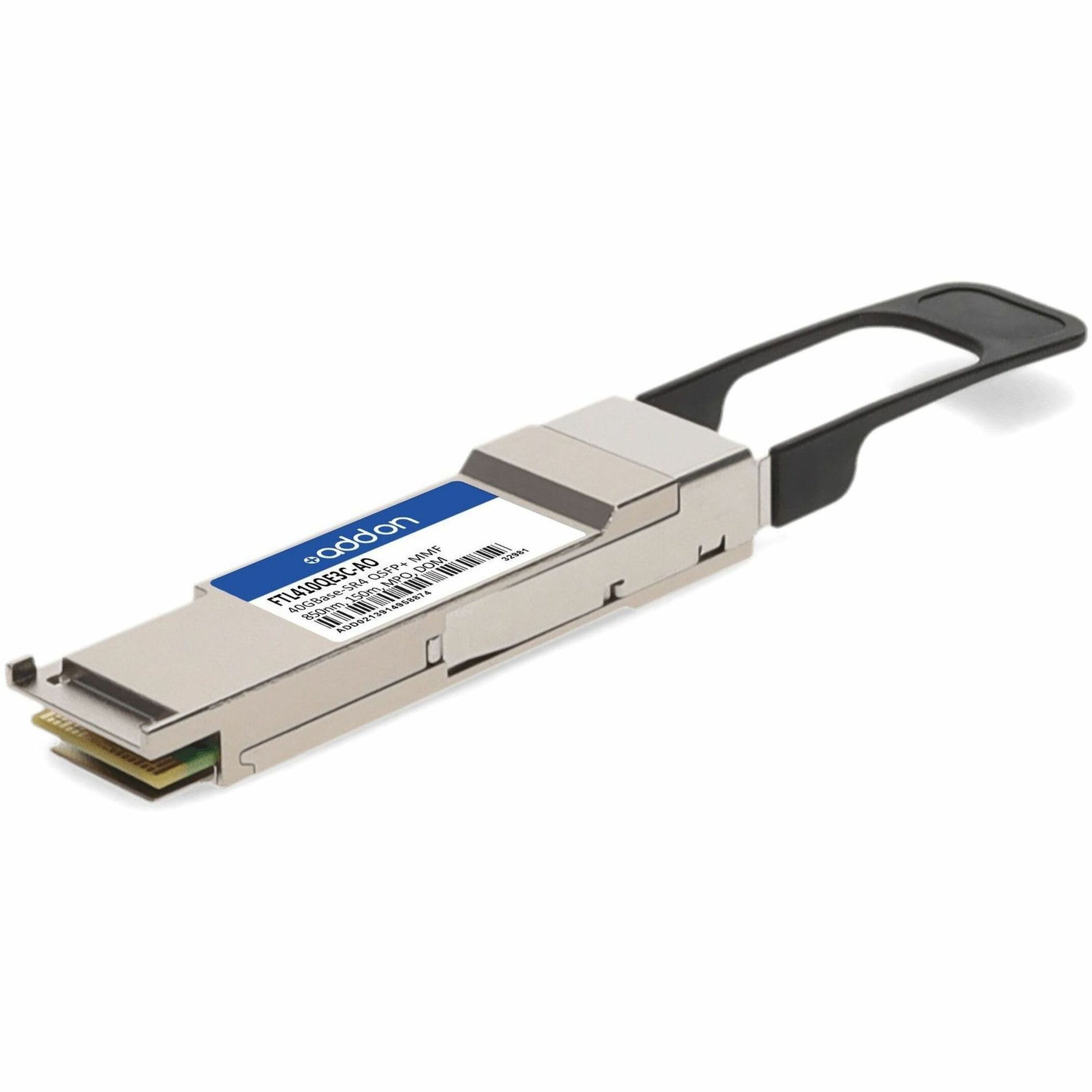 Side view of AddOn FTL410QE3C-AO QSFP+ transceiver module showing silver housing and blue label-alternate-image1