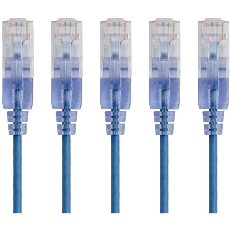 Five blue SlimRun Cat6A ethernet patch cables with transparent RJ-45 connectors arranged in parallel