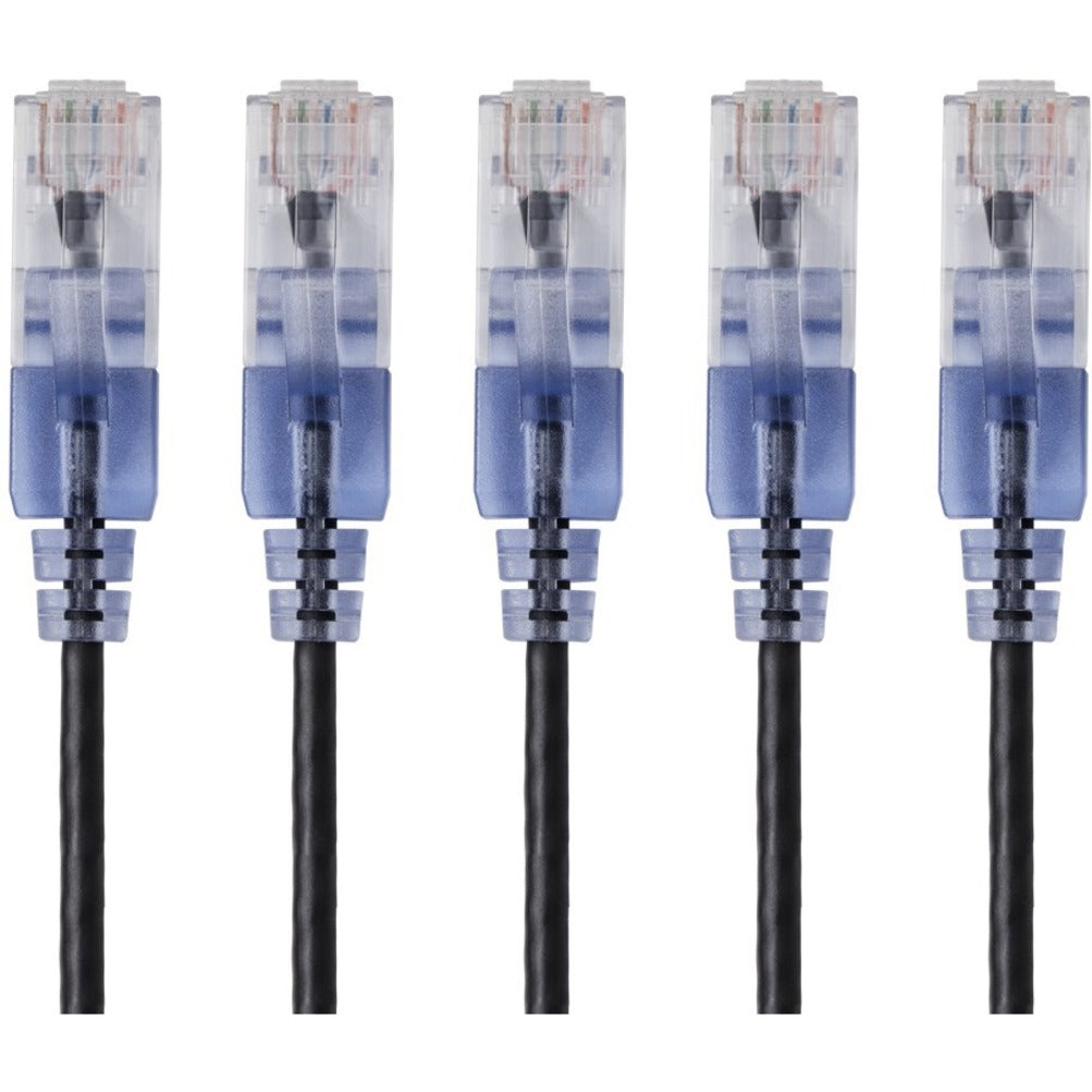 Five SlimRun Cat6A ethernet cables with transparent RJ-45 connectors and blue strain relief boots arranged in parallel-alternate-image1