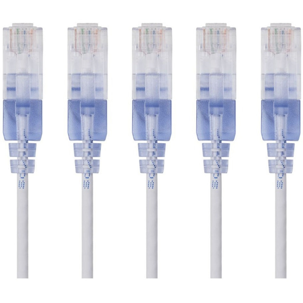 Five white SlimRun Cat6A ethernet cables with transparent RJ-45 connectors and snagless boots-alternate-image1