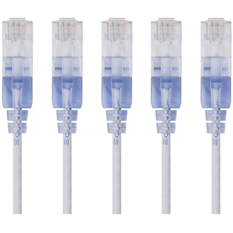 Five white SlimRun Cat6A ethernet cables with transparent RJ-45 connectors and snagless boots