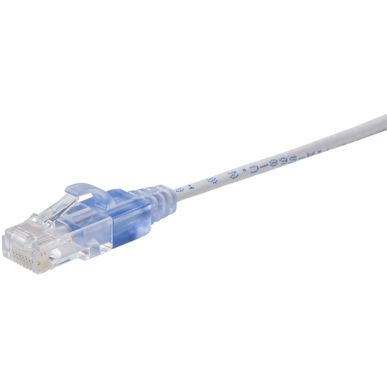 Close-up view of SlimRun Cat6A cable's transparent RJ-45 connector with strain relief boot-alternate-image2