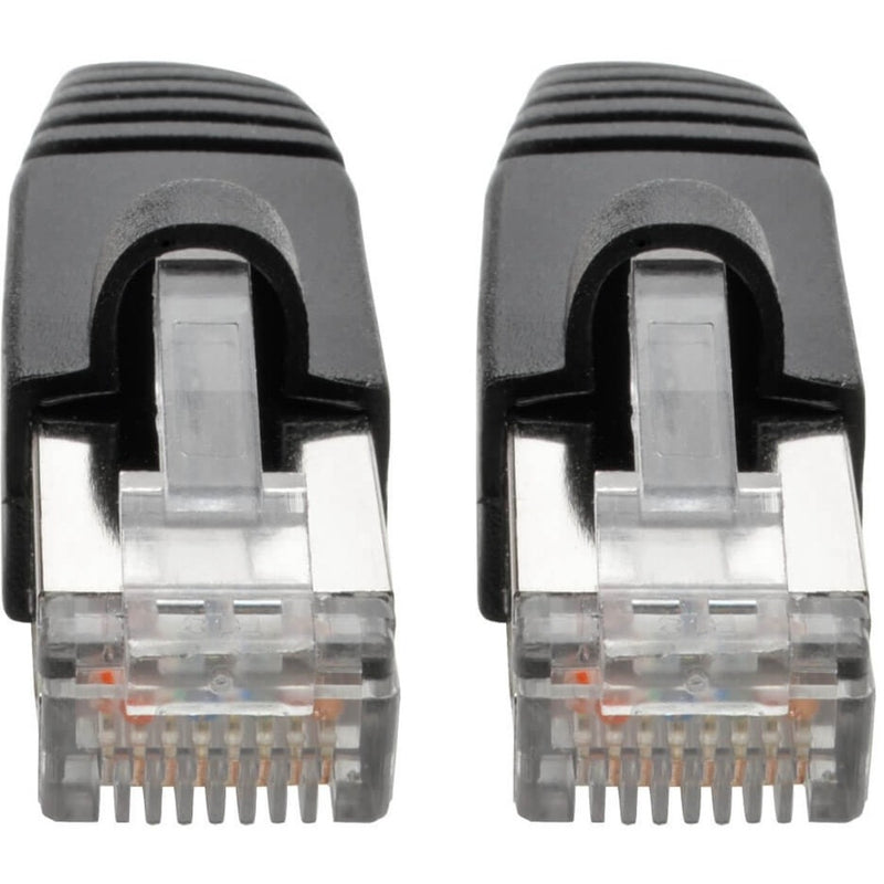 Detailed macro shot of RJ45 connector pins and internal wiring configuration