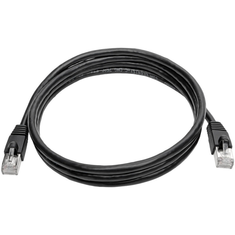 Full length view of black Cat6a ethernet cable showing flexible design and RJ45 connectors