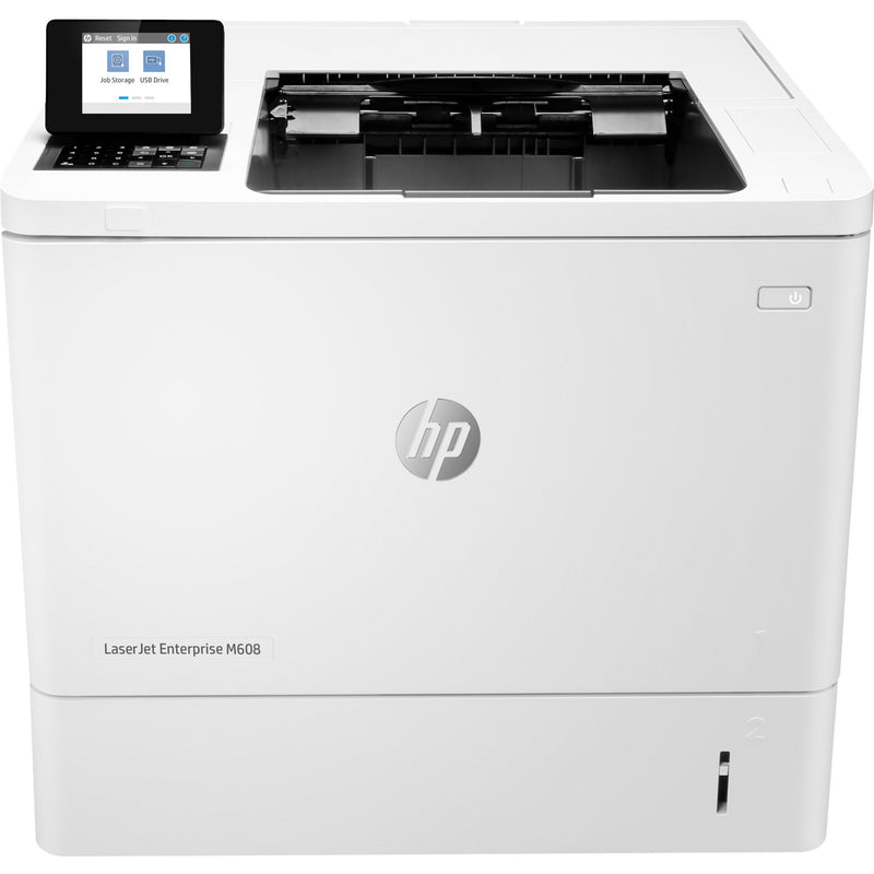 Front view of HP LaserJet Enterprise M608 printer showing touchscreen control panel and paper output tray