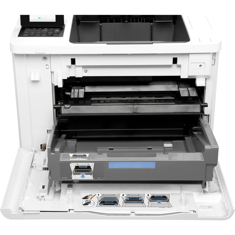 Internal view of HP LaserJet Enterprise M608 printer showing toner access and paper path