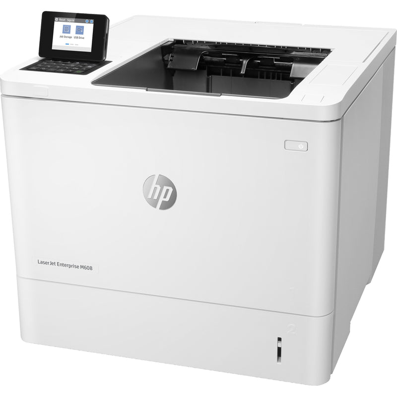 Three-quarter view of HP LaserJet Enterprise M608 printer emphasizing security features