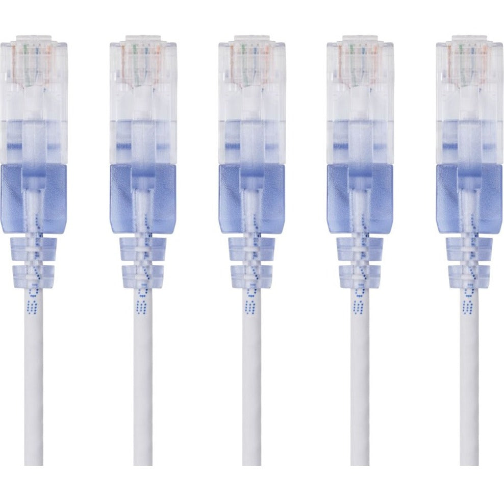 Five white SlimRun Cat6A ethernet patch cables with transparent RJ-45 connectors and blue strain relief boots-alternate-image1