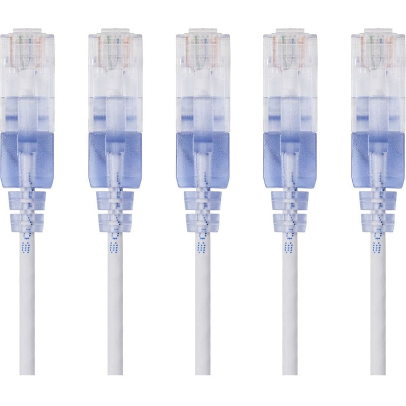 Five white SlimRun Cat6A ethernet patch cables with transparent RJ-45 connectors and blue strain relief boots