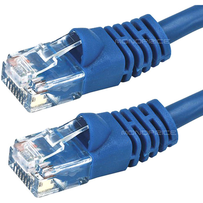 Close-up of blue ethernet cable connectors showing gold-plated contacts and snagless boots