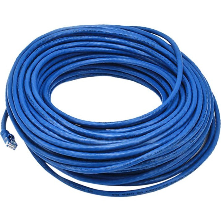 Blue CAT5E ethernet patch cable coiled showing 100 foot length-alternate-image1