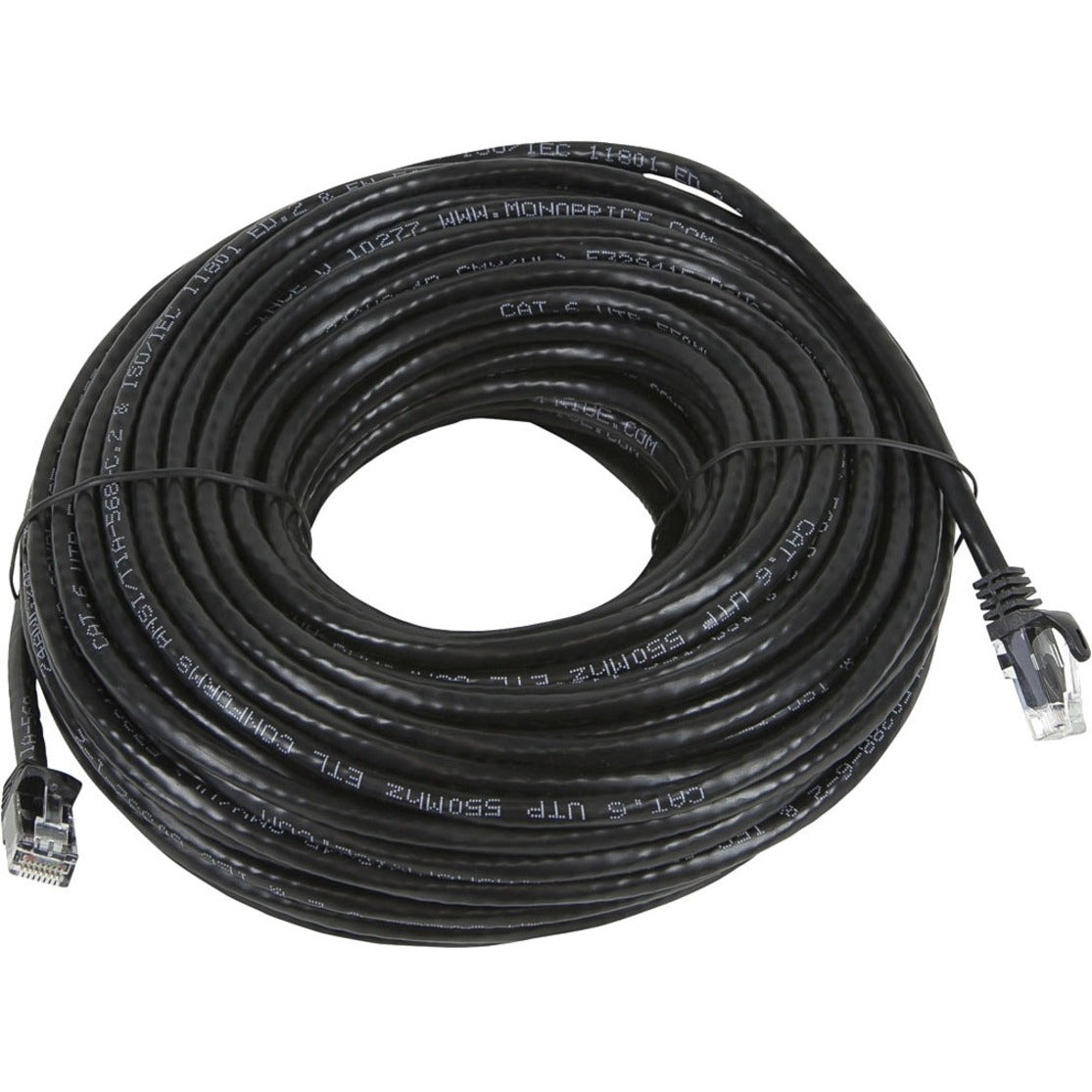 100-foot black Cat5e ethernet network cable coiled showing full length and RJ-45 connectors-alternate-image1