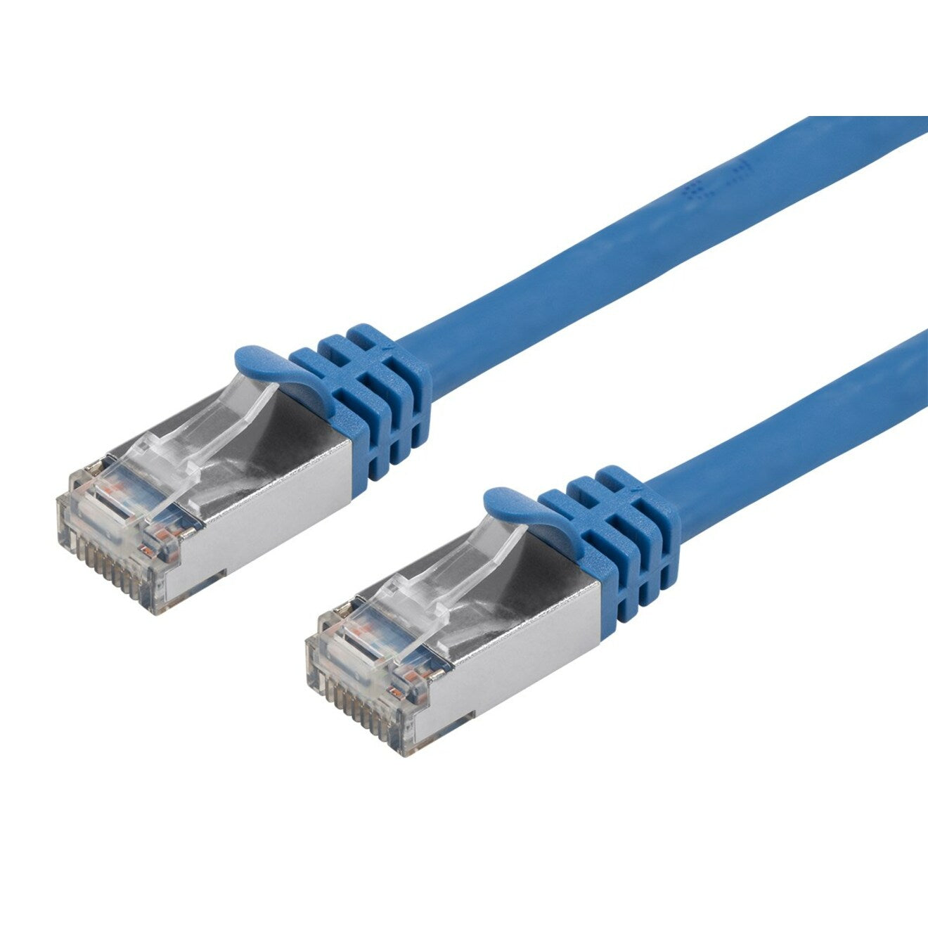 Close-up of Cat.7 network cable's shielded RJ-45 connectors with blue snagless boots and silver metallic housing-alternate-image2